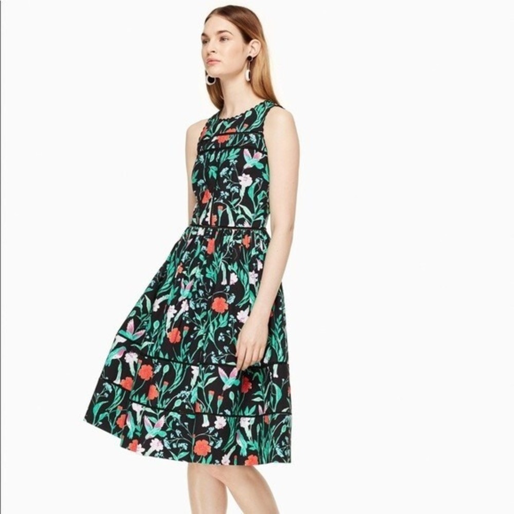 NWT Kate Spade Jardin Hummingbird Floral Poplin Midi Dress sz 2 0 Birds Cotton
